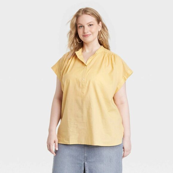 NWT Universal Thread Yellow Cotton Henley Popover Short Sleeve Blouse Size Large - Picture 1 of 11